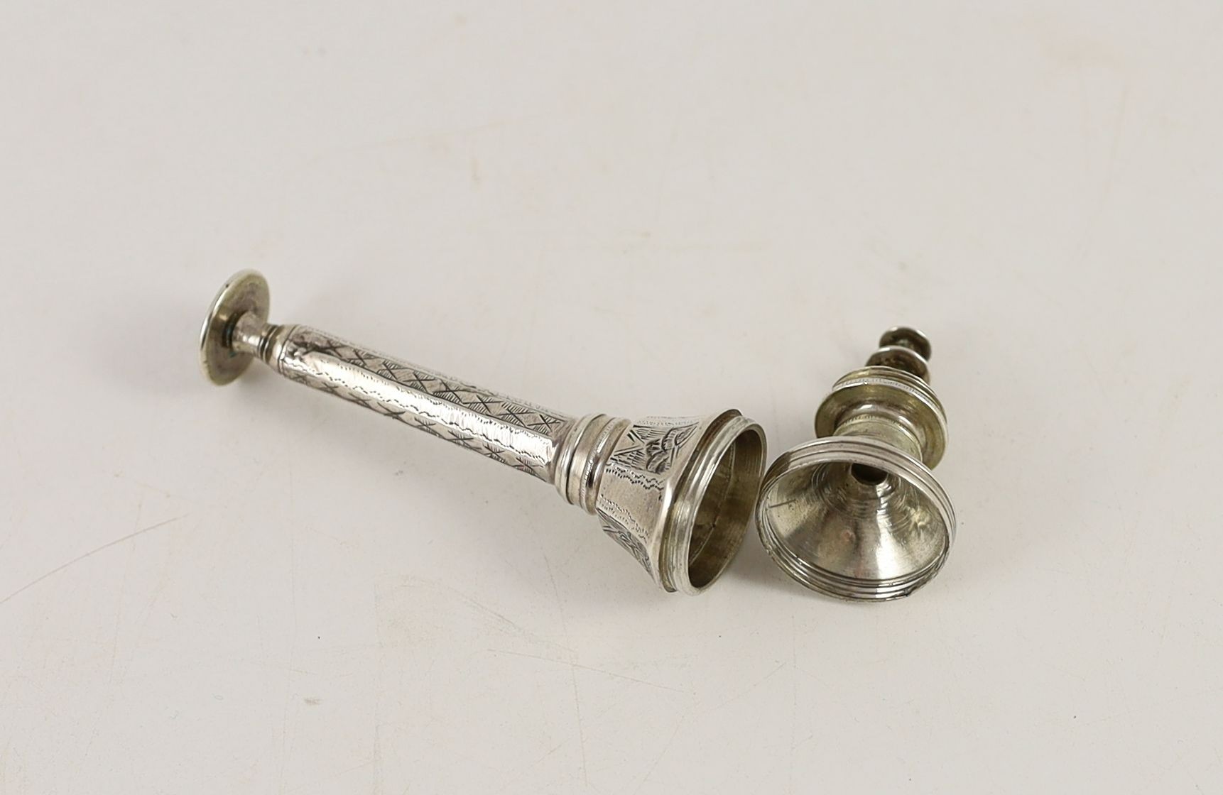 An unusual 19th century silver seal?, of mace form, in three sections, with engraved decoration